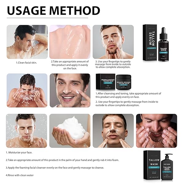 WRINKLE DEFENSE TALLOW BALM, SKIN CARE FOR MEN, MENS FACE CARE SET (TALLOW CREAM + TALLOW NIGHT SERUM + TALLOW FACE WASH), MOISTURIZER & ANTI WRINKLES FOR MEN DAY & NIGHT(1 SET)