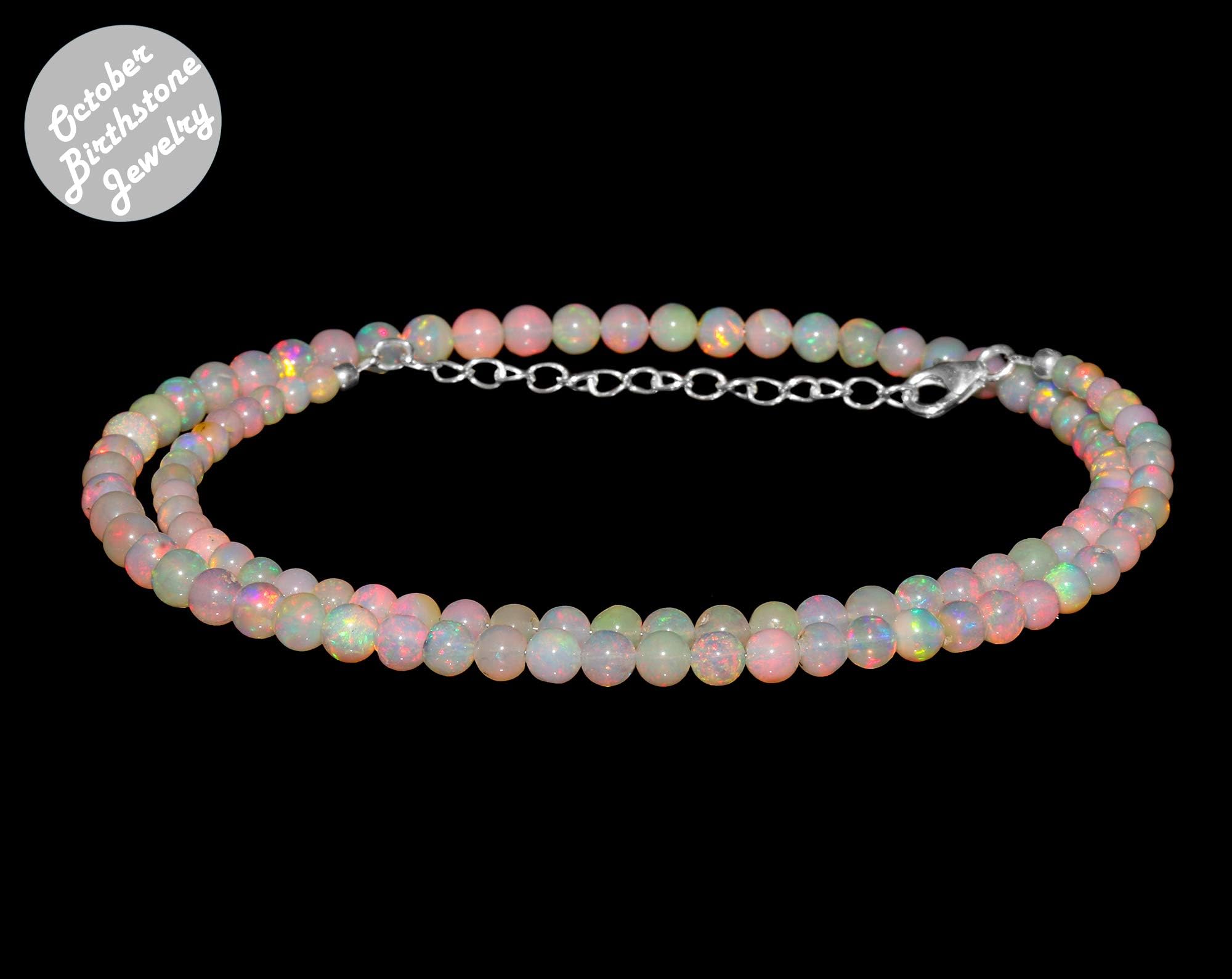 Opal Beaded Necklace in 925 Sterling Silver Chain 18" October Birthstone, Handmade Jewelry