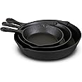 Jim Beam HEA Set of 3 Pre Seasoned Cast Iron Skillets with Even Distribution and Heat Retention-6" 8" 10", 10'', Black,JB0195