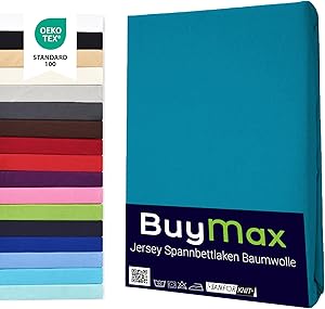 Buymax Topper Spannbettlaken 140x200 cm Spannbetttuch 100% Baumwolle Jersey für Matratzentopper bis 12 cm Matratzenhöhe Bettlaken für Boxspringbett Topper, Petrol