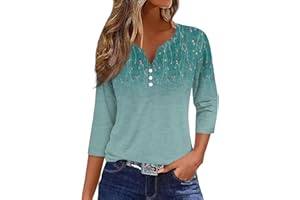 EKIYVO 3/4 Length Sleeve Womens Tops Casual Loose Fit Henley Neck T Shirts Cute Print Three Quarter Length Tunic Tops