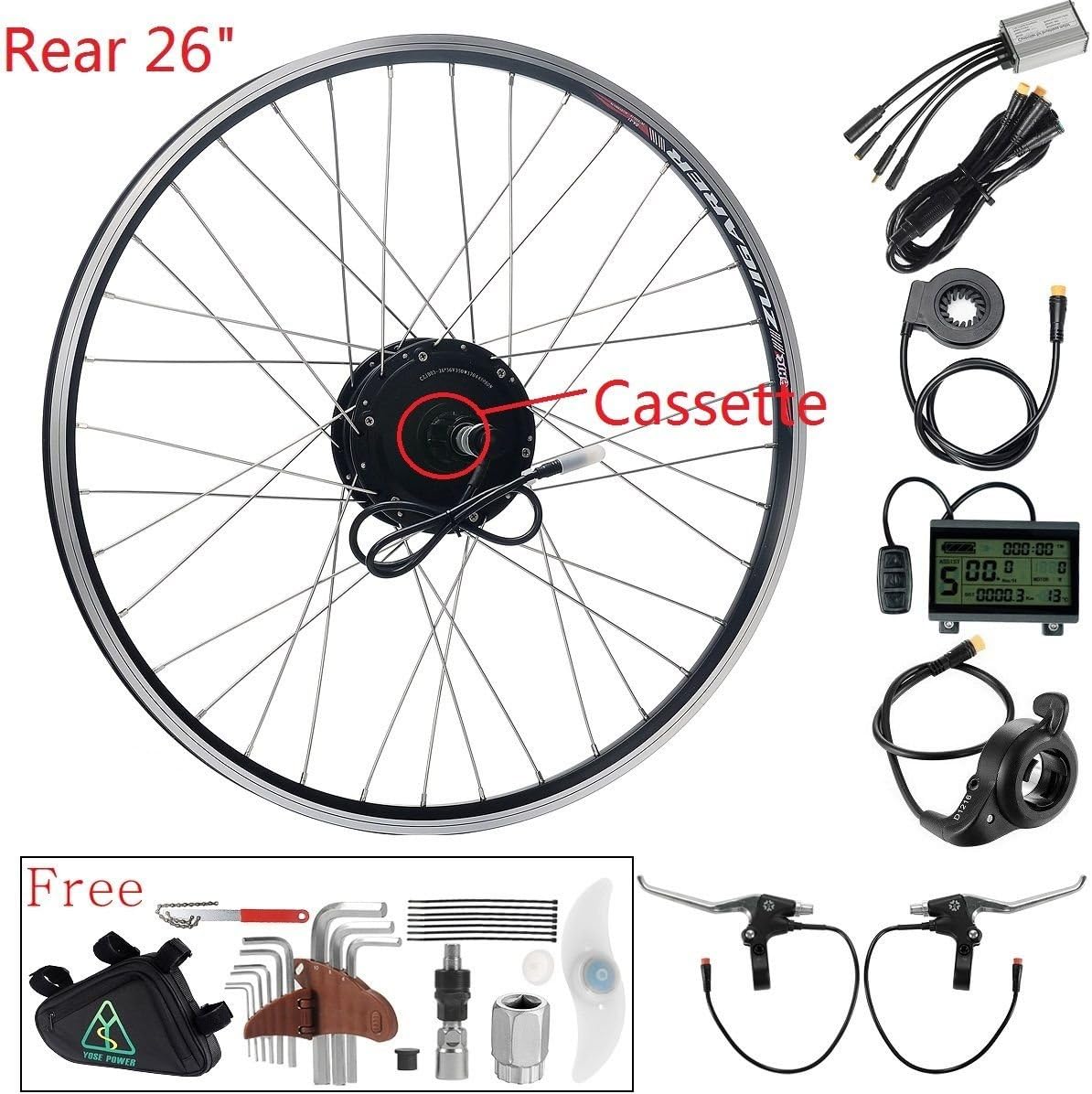 36 V350 W 26 "Ebike Electric Bike Conversion Kit, Kit) Hub Motor Rear for MTB (Mountain Bike) Cassette Black + LCD