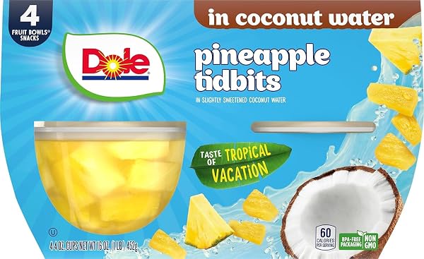 DOLE PINEAPPLE TIDBITS IN COCONUT WATER 4-4OZ CUPS