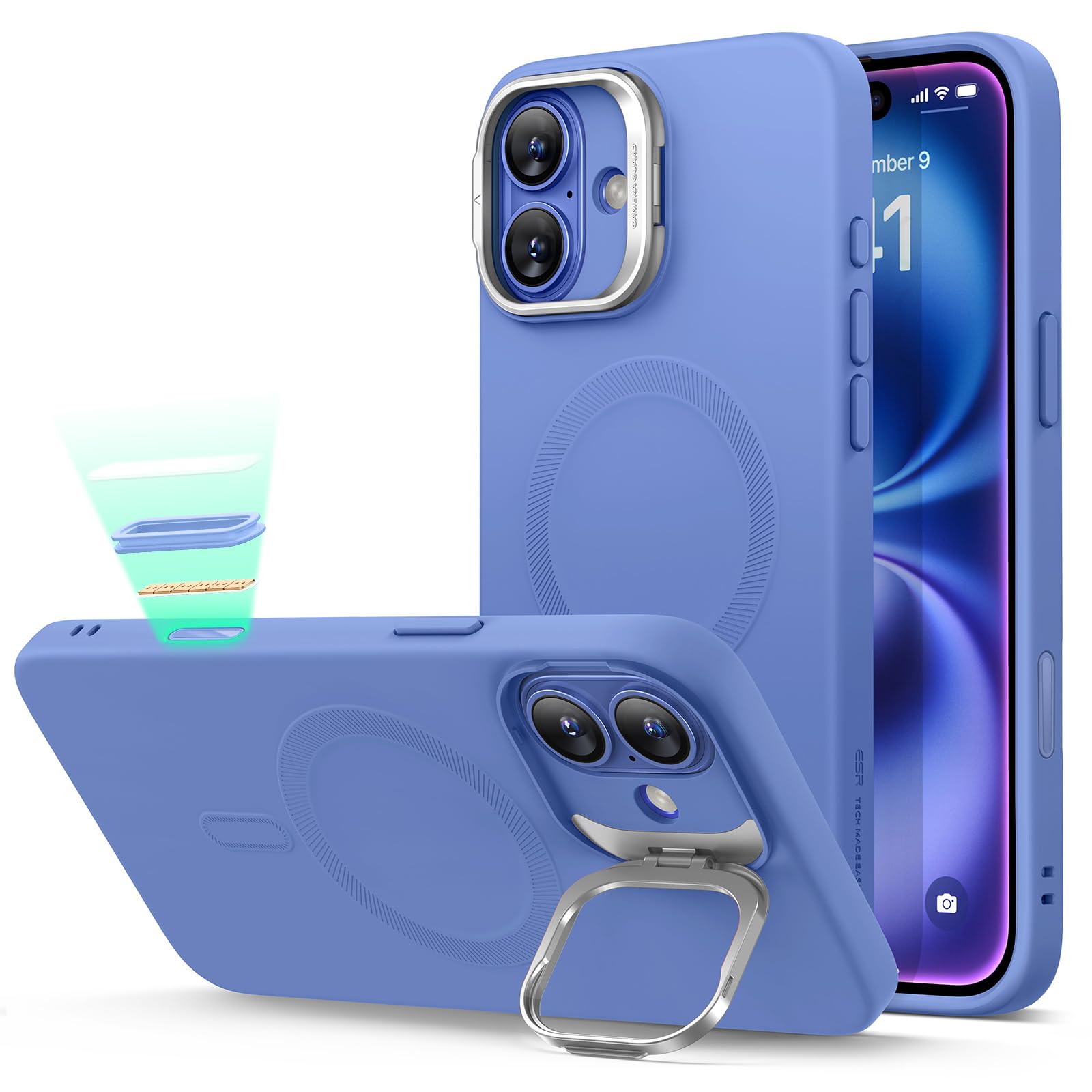 Photo 1 of ESR for iPhone 16 Case, Camera Control Button Silicone Case with Stand, Compatible with MagSafe, Built-in Camera Stash Stand, Magnetic Phone Case, Cloud Series, Ultramarine