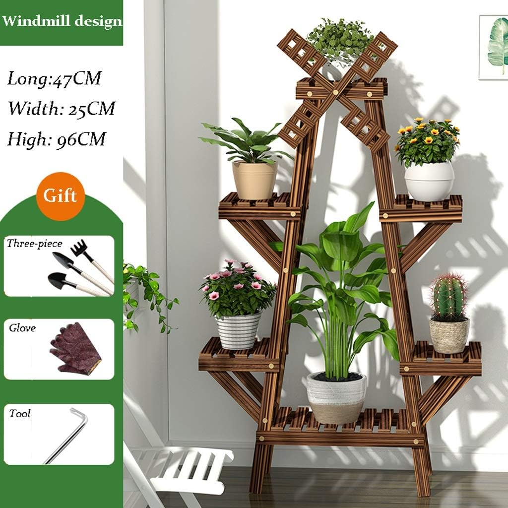 GUIBCXSUIA Wooden Flower Stand Indoor-Outdoor Floor Flower Shelf Piant Stand Multi-Storey, Windmill Design with Wheeled Plant Stand Living Room Balcony Shelf (Size : A-7)