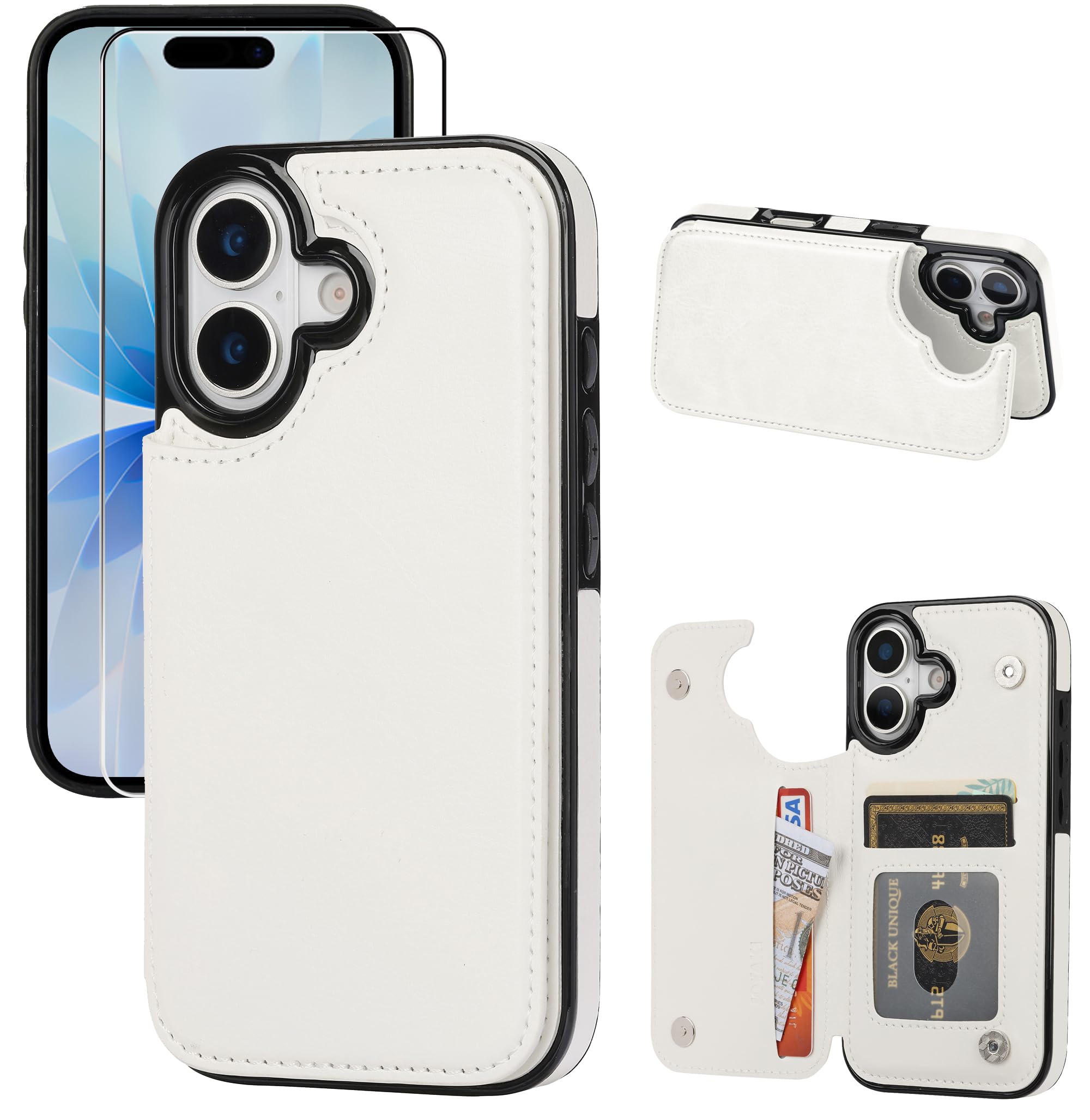 JOYAKI Compatible with iPhone 17 Wallet Case with Card Holder, PU Leather Kickstand Card Slots Case with Screen Protecor, Double Magnetic Clasp and Durable Shockproof Cover 6.3 "-White