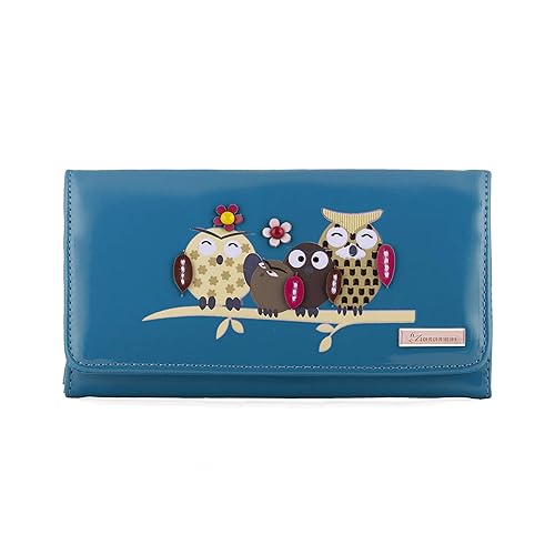 kukubird Womens Owl Large Wallet PU Leather Bifold Card Holder with Zipper Coin Pocket Purse-Blue