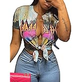 Deeryi Sexy Graphic Tees for Women Tie Up Front Deep V Neck Top Short Sleeve Print Tassel Shirts