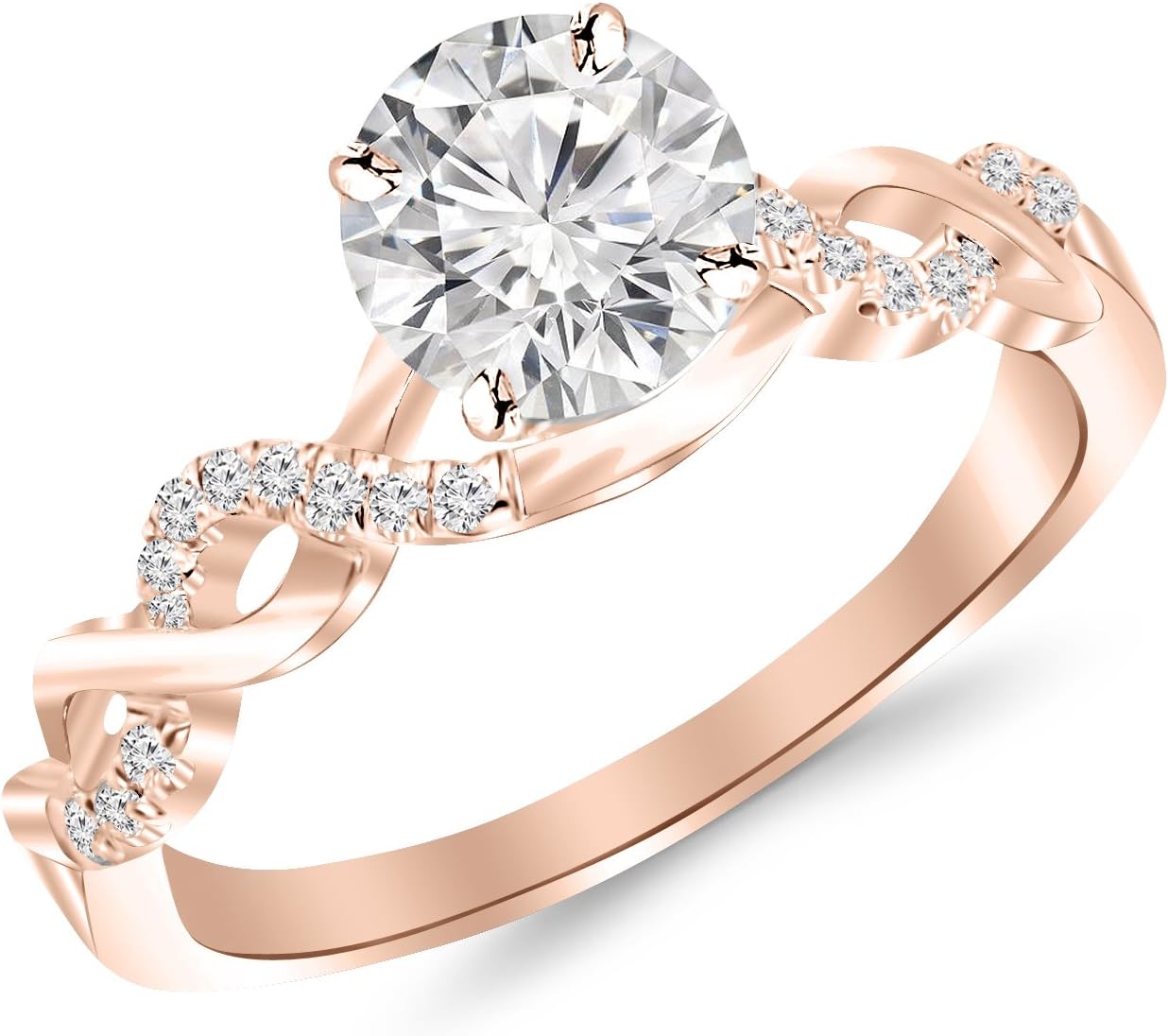 0.46 Carat Twisting Infinity Gold and Diamond Split Shank Pave Set Diamond Engagement Ring 14K White Gold with a 0.33 Carat I-J I2 Round Brilliant Cut/Shape Center