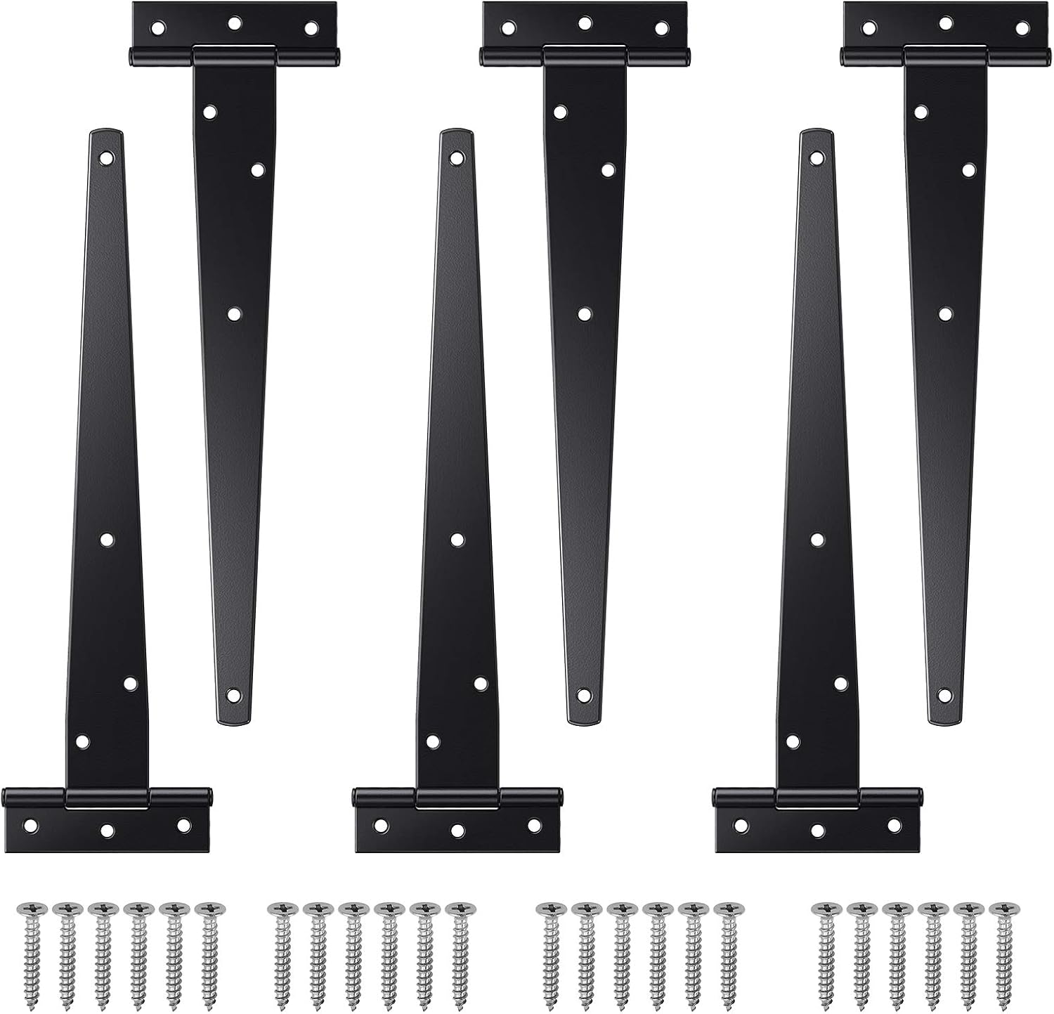 Justech 6PCs 10" Heavy-Duty T-Hinge Tee Shed Hinge Set T-Strap Hinges Black Forged Metal Iron Gate Door Barn Hardware with Screws