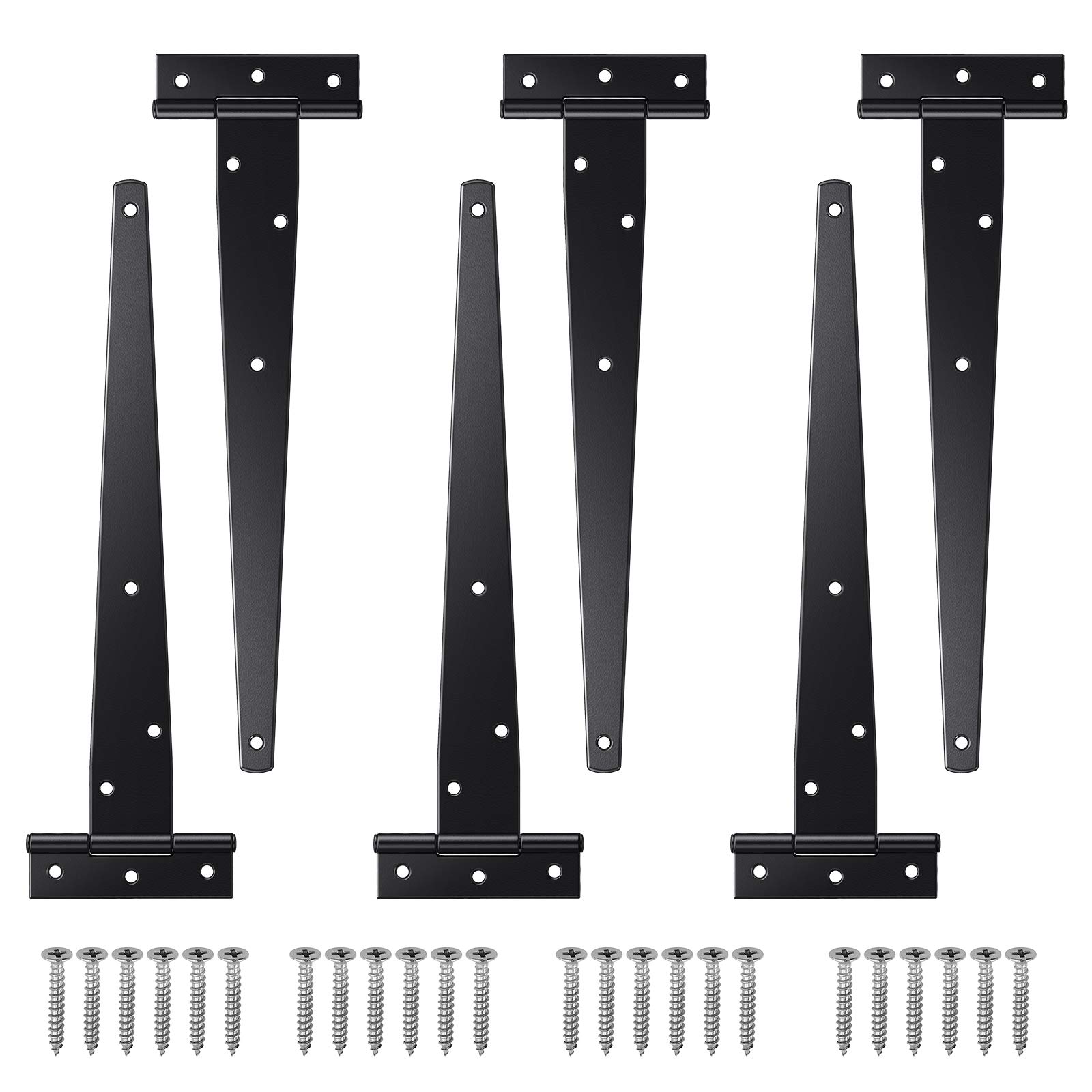 Justech 6PCs 10" Heavy-Duty T-Hinge Tee Shed Hinge Set T-Strap Hinges Black Forged Metal Iron Gate Door Barn Hardware with Screws