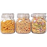 ComSaf Airtight Glass Canister Set of 3 with Lids 34oz Food Storage Jar Square - Storage Container with Clear Preserving Seal Wire Clip Fastening for Kitchen Canning Cereal,Pasta,Sugar,Beans,Spice