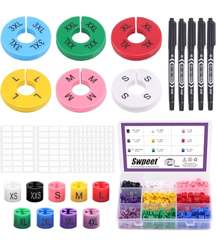 Meccanixity Clothes Hanger Size Markers - Color-Coded Tags For 3.5mm Rods, 120-Piece Set (S/M/L/XL)