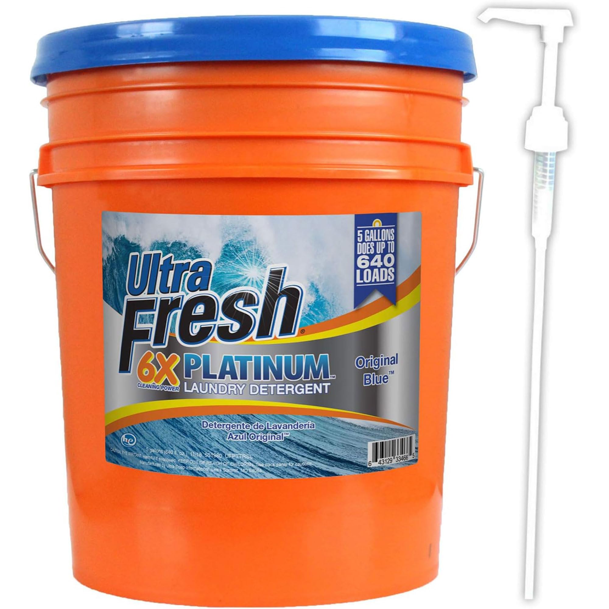 Ultra Fresh 5 Gallon Liquid Laundry Detergent Washing Soap for All Machine Types, 6X Platinum, Up to 640 Loads, Original Blue