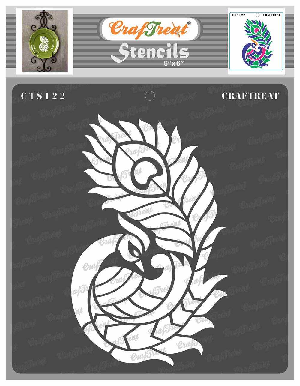 CrafTreat Peacock Stencils for Painting on Wood - Side Feathered Peacock Stencil - Size: 6X6 Inches - Peacock Stencils for Crafts Reusable - Peacock Stencil Small
