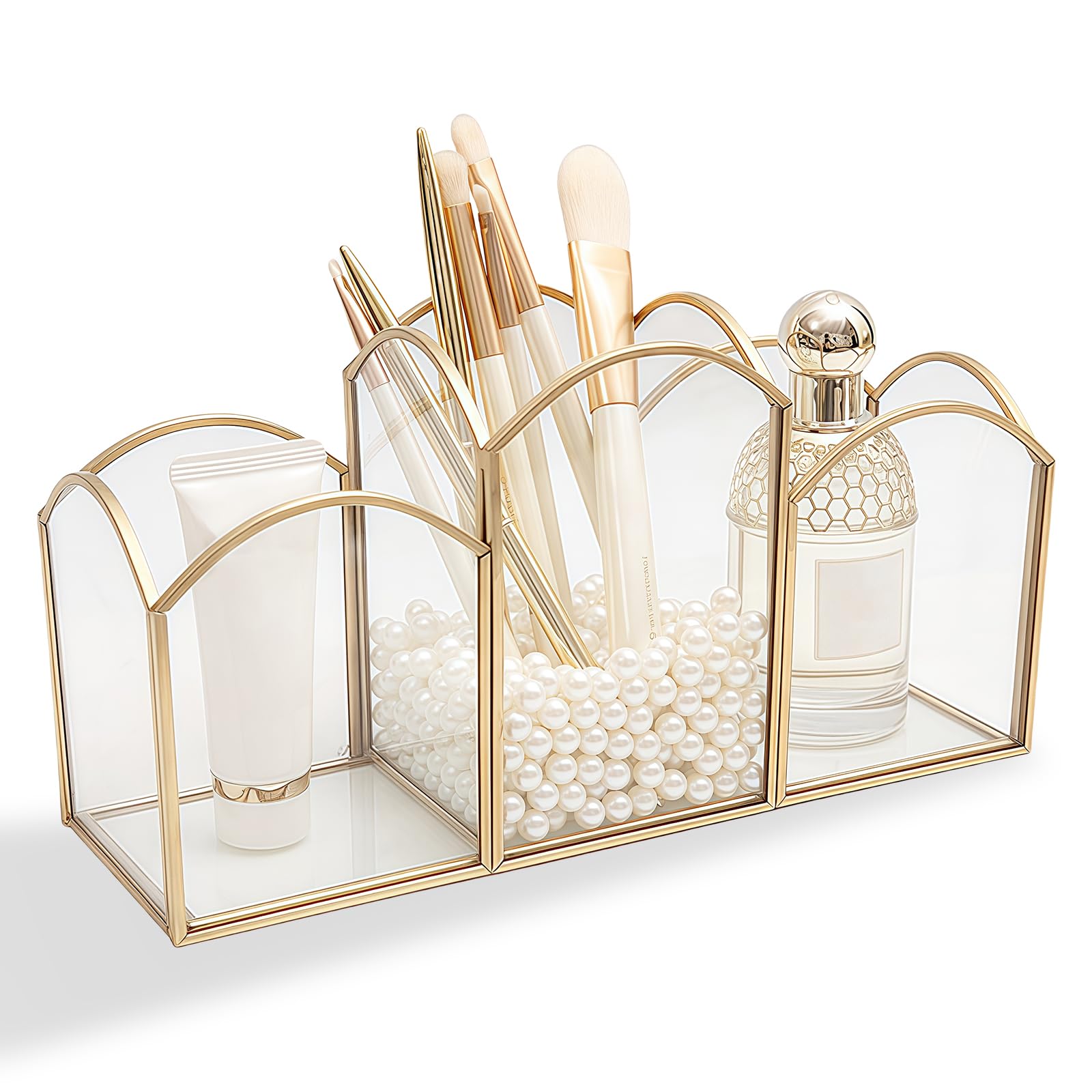 HARLIANGXY Makeup Brush Holder, Vintage Cosmetic Brush Storage, Cosmetic Brushes Holder, Cosmetic Organiser Gold, Glass Makeup Container for Dressing Table, Bedroom