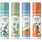 Badger Classic Lip Balm Variety Pack, Green Box, 4-Pack | Unscented, Tea Tree, Mint &amp; Tangerine Flavors, Long-Lasting Organic Lip Moisturizer, Light silky texture, Lip balm gift set