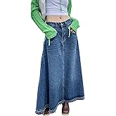 CHARTOU Women's Back Elastic High Waist A-Line Maxi Long Denim Jean Skirt