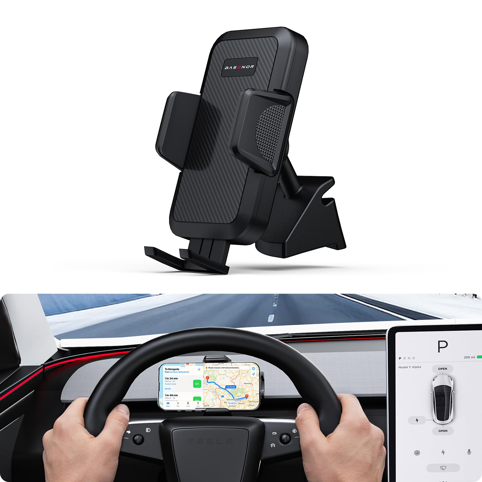 BASENOR Phone Mount for 2025 2026 Tesla Model Y Juniper/Model 3 Highland, Dashboard Phone Holder Does Not Block View [No Adhesive][Dual Arms][360° Adjustable] Tesla Accessories Fit All Smartphone