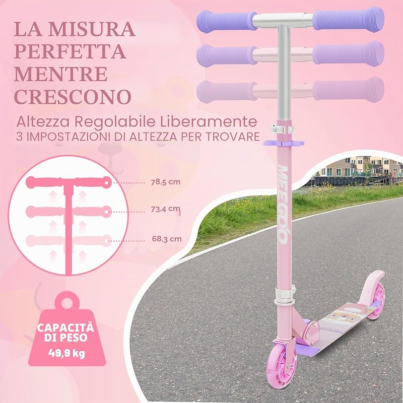 Monopattino per bambini in alluminio, pieghevole, con 3 altezze regolabili, per regali per 3 + ragazzi e ragazze (rosa)