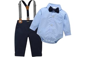 HeMarIsle Baby Toddler Boy Formal Gentleman Suits,Dress Short Shirt With Bowtie+Suspender Pants Dressy Outfit