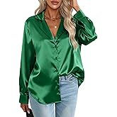 PEHMEA Women's Satin Button Down Shirts Silk Solid Long Sleeve Blouse for Work Office V Neck Casual Elegant Tunic Tops