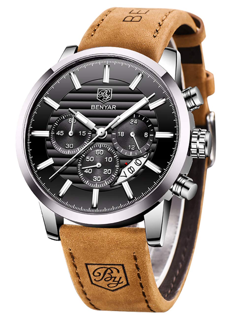 BENYAR Mens Watches Quartz Chronograph Business Brand Waterproof Wristwatches Fashion Brown Leather Watches for Men (L Brown Silver Black) — image 1