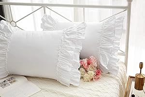Meaning4 White Ruffled Pillow Shams King Size Pillowcases Pure Cotton Pillow Covers 20"x36" 2-Pack