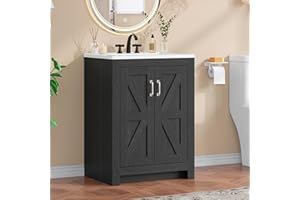 ONBRILL Farmhouse Bathroom Vanity with Sink, Freestanding Bathroom Vanities with Ceramic Basin & Soft-Close Door, Wood Cabinet with Adjustable Shelf for Apartment & Small Space (Black, 24")