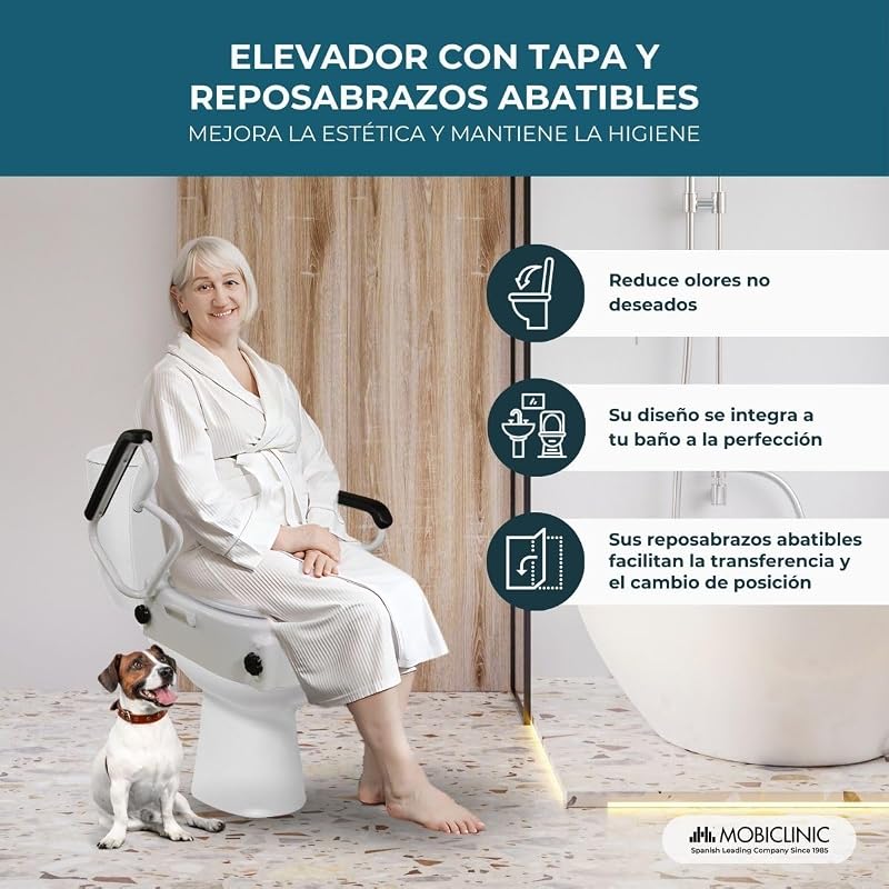 ®, Elevador wc para adultos con reposabrazos, Tajo, 19 cm, Ancianos, Tapa y abatibles, De inodoro, Regulable en 3 alturas, Inclinable, Blanco