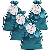 30 PCS Teal Satin Gift Bags with Drawstring and Thank You Tags, 6 x 9 Inches Silk Jewelry Bag, Party Favor Bags, Cloth Candy Pouches for Baby Shower, Bridal Shower, Christmas, Birthday, Wedding