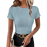 EVALESS Womens Spring Summer Trendy Dressy Casual Textured Tops Blouses 2025 Fashion Crewneck Cute Solid Slim Fit Work Business Short Sleeve T Shirts,Mist Blue Small