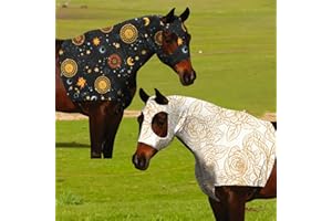 PALOURA Set of 2 Horse Stretch Hood |Horse Slicker Hood with Zipper|Without Ears Snug、Extra Large Eye Holes|Covers Face, Shoulders, Mane, Chest and Withers Perfect for Show-L(Orange Sun+Flower)