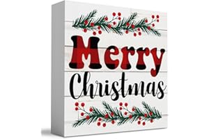 WRSUNT Cute Winter Merry Christmas Tree Wood Box Sign, Retro Farmhouse Christmas Santa Artwork Decor, Wood Square Sign Desk Block Signs Home Shelf Office Decoration 5 x 5 Inches