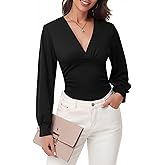 Simlakey Women V Neck Long Sleeve Blouse Dressy Ruched Shirts Bell Sleeve Wrap Top 2025 Trendy Casual Elegant Work Outfit