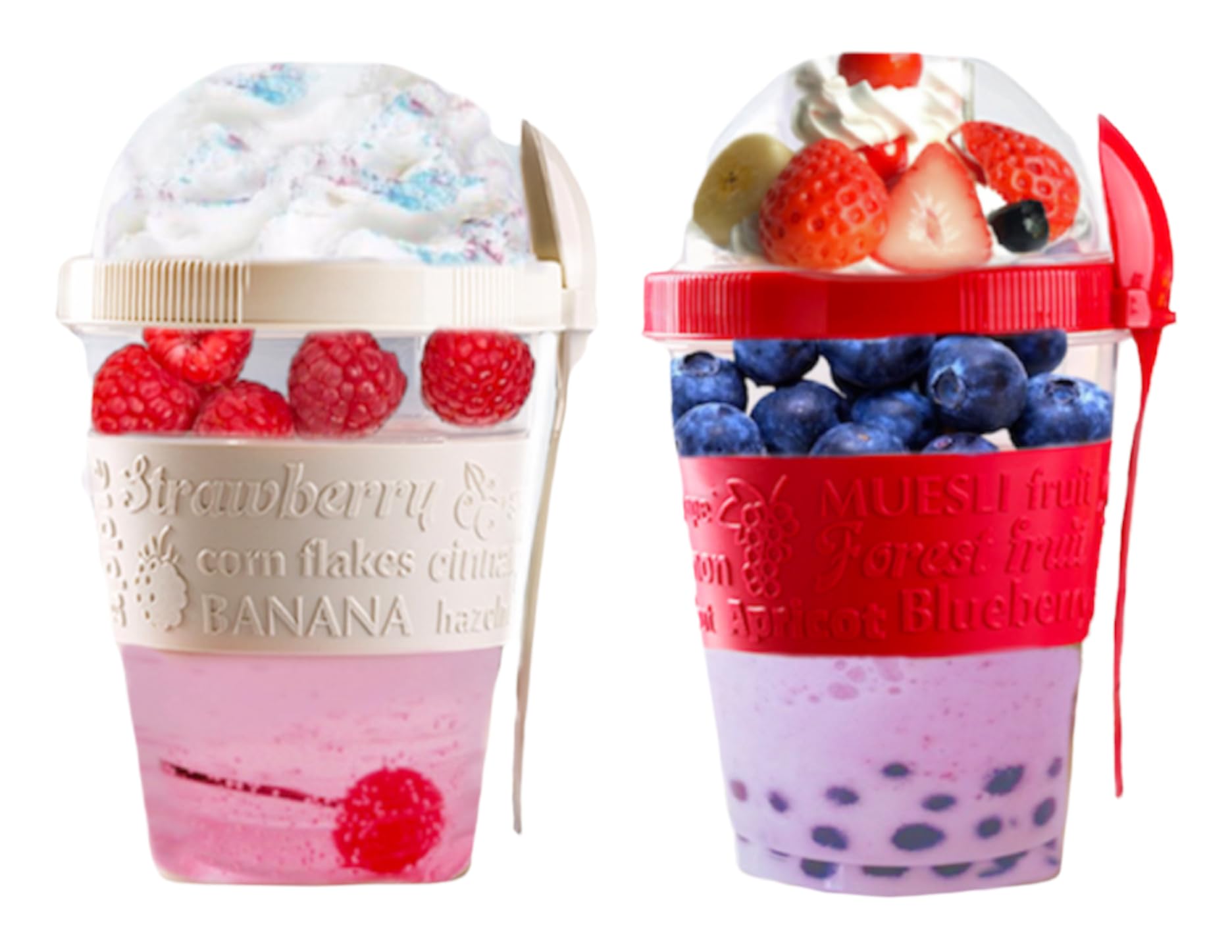 4All Reusable Yogurt Pots 600ml With Spoon Cereal Storage Containers With Lid Airtight Overnight Oats Jar BPA Free Breakfast Cup Cereal On The Go Dishwasher Safe Red,Cream