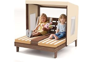 HONEY JOY Kids Chaise Lounge Chair Outdoor, Toddler Wood Double Pool Lounger Chairs w/Canopy, Cup Holders, Removable Stripped