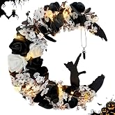 Halloween Wreath, 13.7 Inch Black Cat Half Moon Wreath with Light | Halloween Decorations with Half Moon Design, Rose Floral, Black Cat Silhouette, for Indoor Wall Window Home Decor
