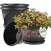 Usocik 4 Pack 16 inch Plant Pots, Retro Pattern Planters with Drainage Holes and Saucer, Sturdy Plastic Garden Flower Pots for Indoor & Outdoor Plants