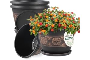Usocik 4 Pack 16 inch Plant Pots, Retro Pattern Planters with Drainage Holes and Saucer, Sturdy Plastic Garden Flower Pots for Indoor & Outdoor Plants
