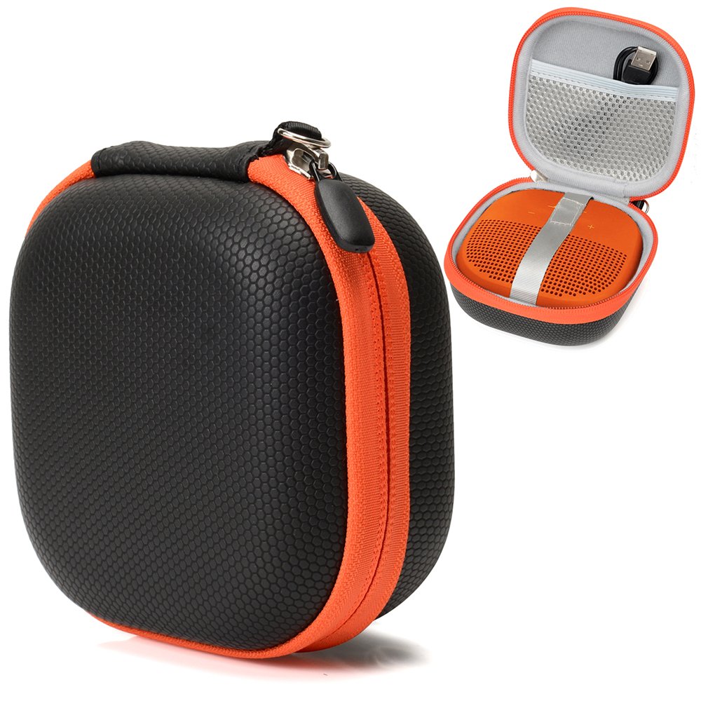 Hard Protective Case for Bose SoundLink Micro Bluetooth Speaker by CaseSack, mesh Pocket for Cable and Other Accessories, Elastic Strap to Secure The Speaker (Black with Orange Zipper)