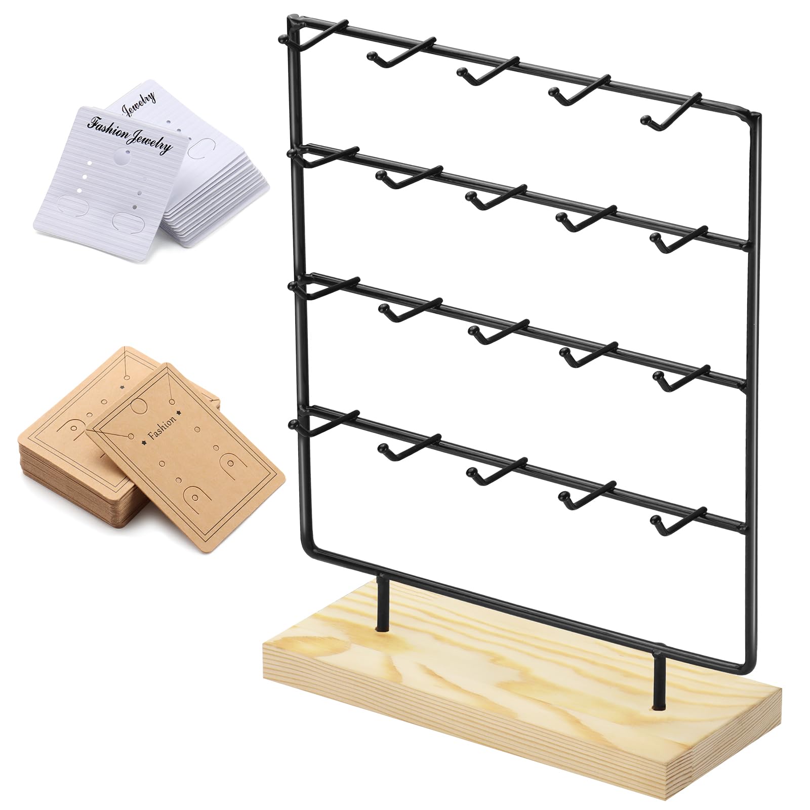 Photo 1 of RUINENGDA Earring Display Stands for Selling 4 Tier 20 Hooks Jewelry Display Wooden Base Earring Holder Organizer Display Stand for Earings Necklaces Rings Bracelets Keychains (Black)