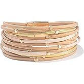 FANCY SHINY Beaded Leather Wrap Bracelets Cute Boho Stackable Bangle Cuff with Magnetic Clasp