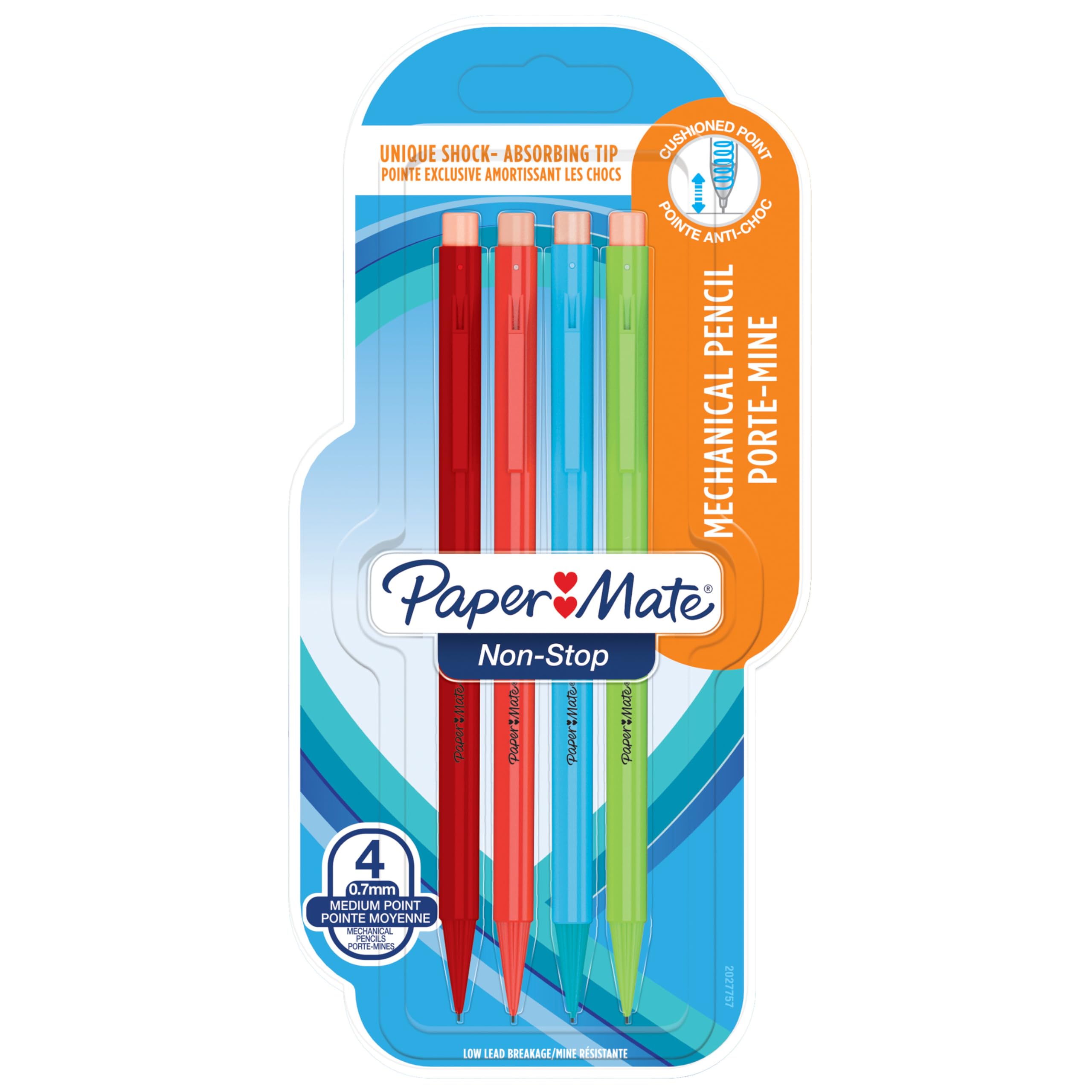 Paper Mate Non-Stop Mechanical Pencil | 0.7mm | HB #2 | Assorted Neon Barrel Colours | 4 Count