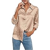 Floerns Women's Elegant Jacquard Long Sleeve Satin Button Down Shirt Blouse