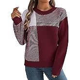 EHSUYAB Women Color Block Checkered Striped Sweater, Crewneck Long Sleeve Lightweight Knit Sweaters, Cute Casual Fall Outfits