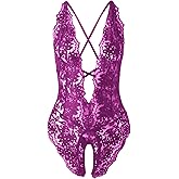 SOLY HUX Women's One Piece Lingerie Sexy Lace Babydoll Deep V Teddy Criss Cross Backless Teddy Mini Bodysuit