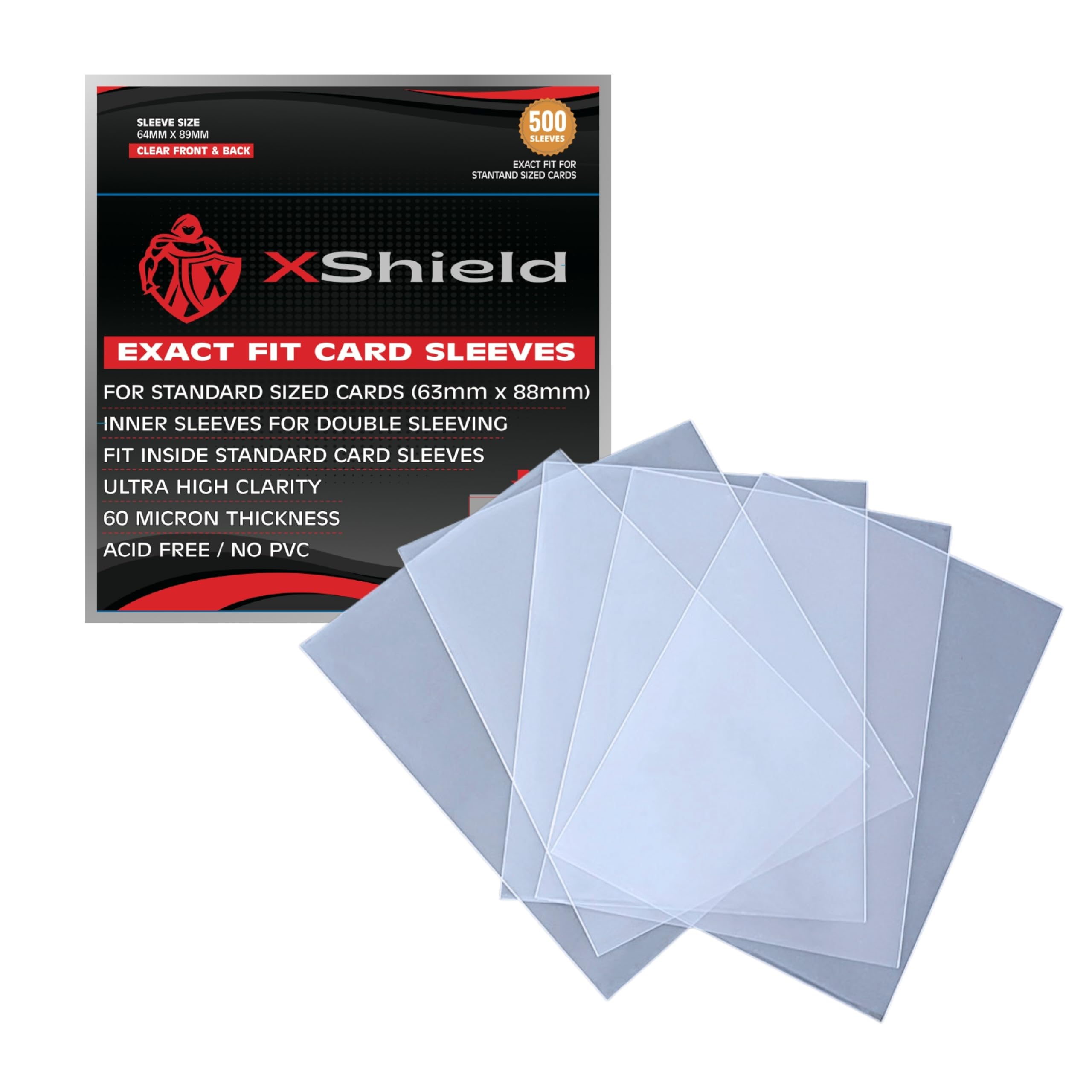 XShield, 500-Pack, Exact Fit Trading Card Sleeves, Soft, High Clarity, 60 Micron, Perfect Fit Inner Sleeves, Collectible Card Games, Sports, TCG