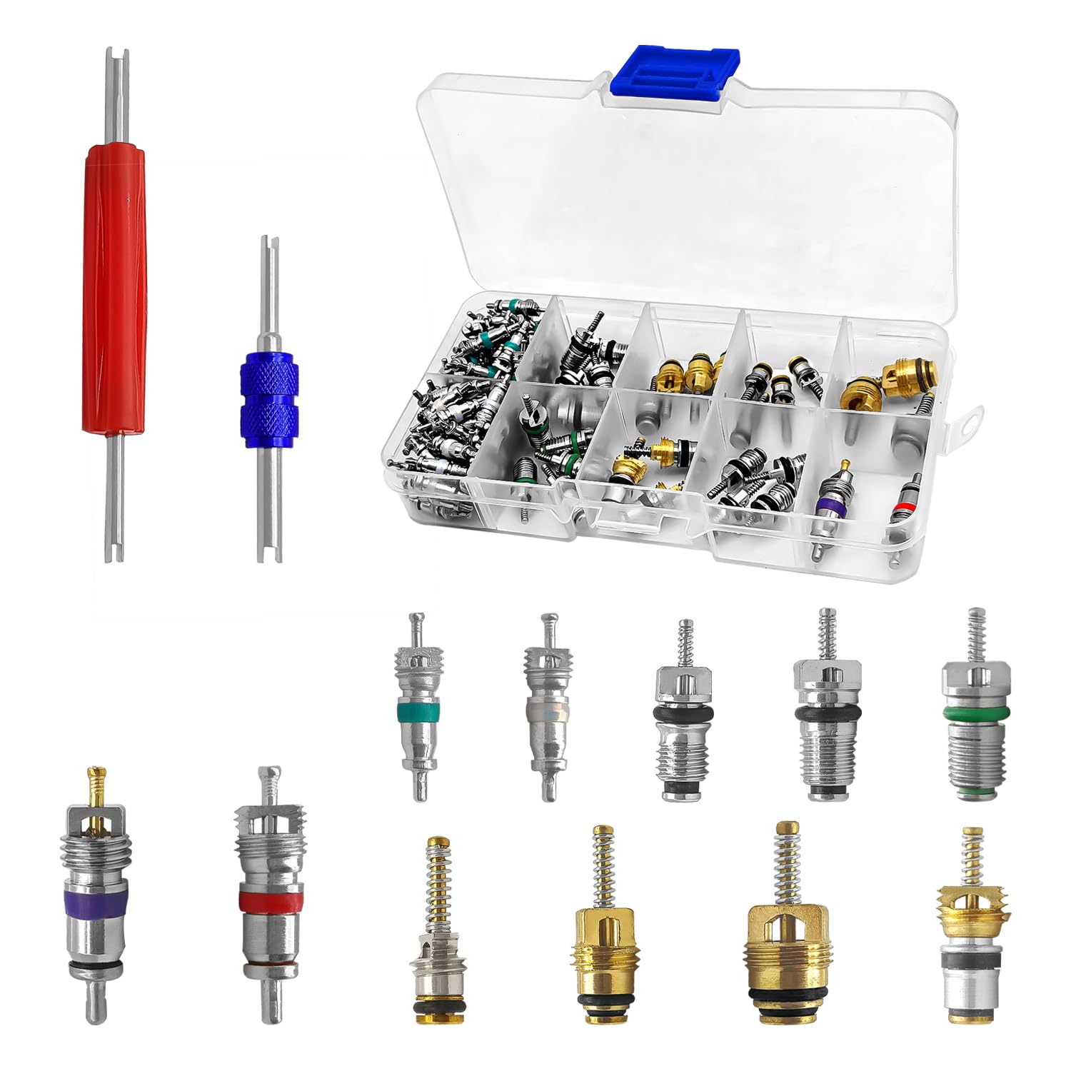 Photo 1 of 102PCS A/C R12 R134a Car Air Conditioner Valve Core Seal Kit, Refrigeration Tire Valve Stem Cores Repair Kit Double Head Dual Dismantling Installer Tool