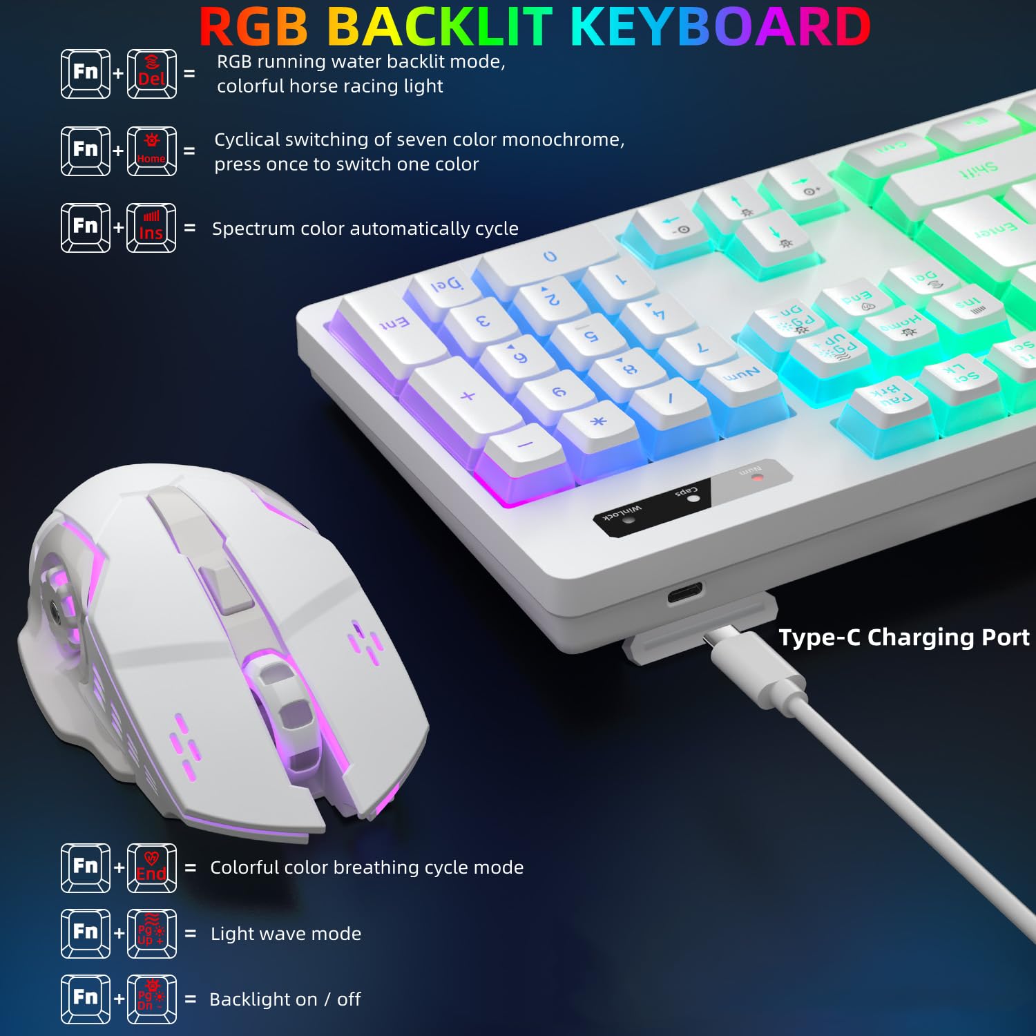 Wireless Gaming Keyboard and Mouse Combo - RGB Backlit, Rechargeable, Ergonomic, for Gaming Work, Long-Lasting Built-in Battery (White)